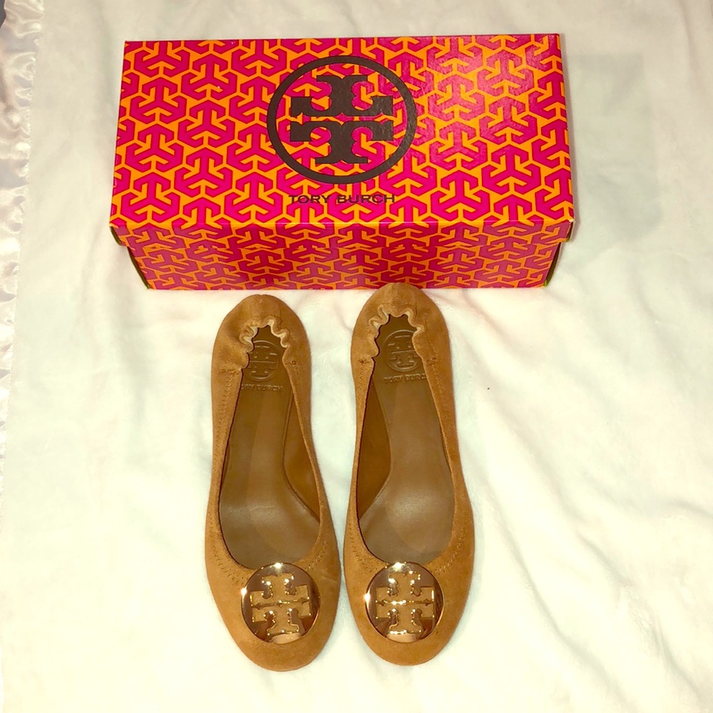 Tory Burch Tan Suede Medallion Ballet Flats-Size 7